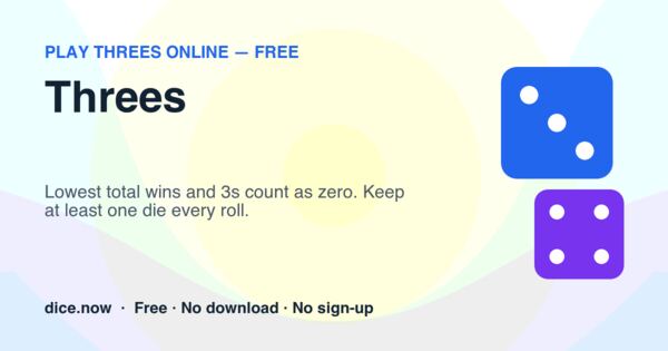 Threes — Lowest total wins and 3s count as zero. Keep at least one die every roll.